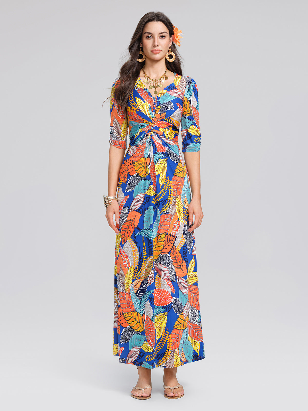 Ice-Silk Knit Tropical Leaf Print Three-Quarter Sleeve Dress
