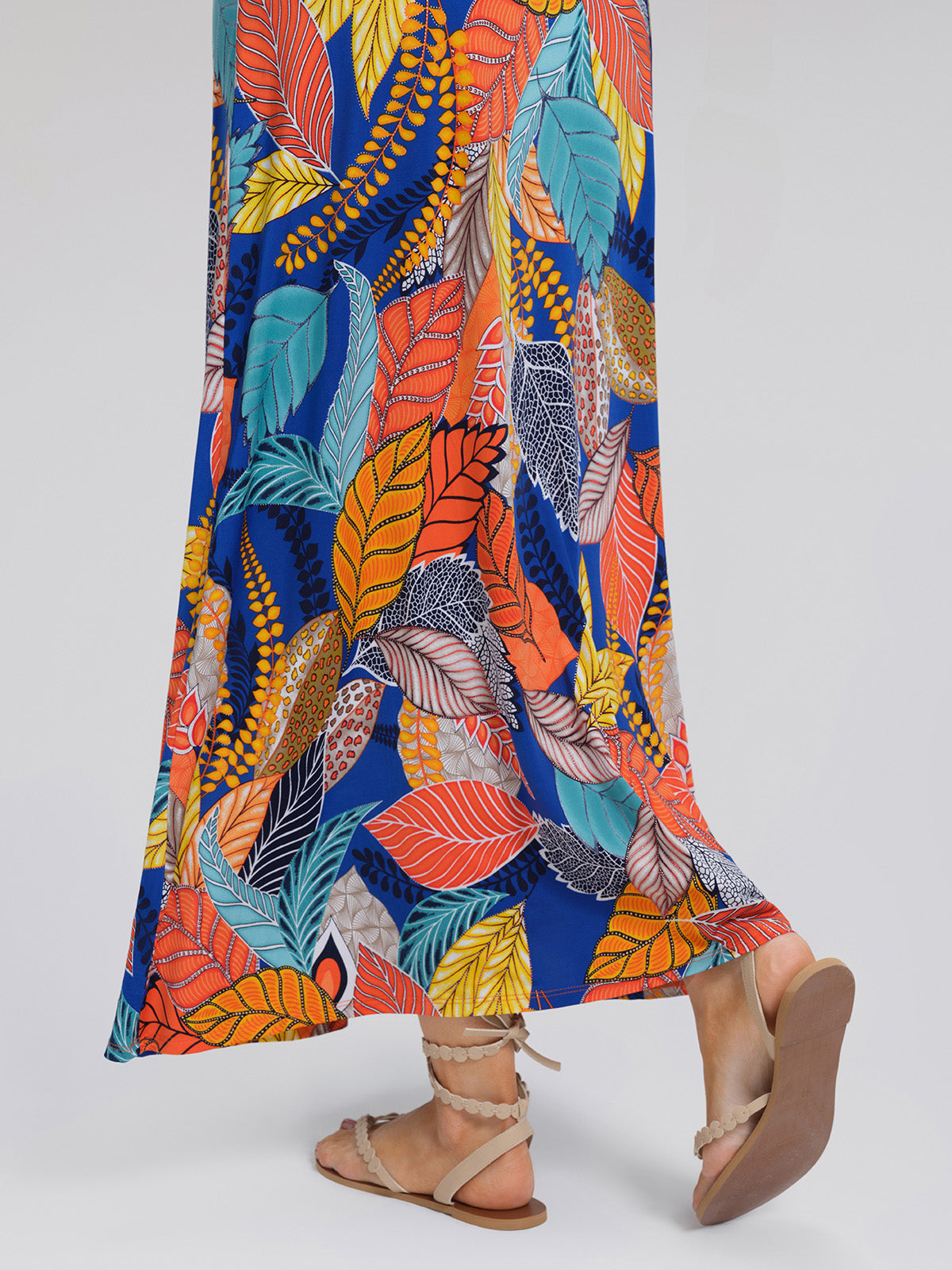 Ice-Silk Knit Tropical Leaf Print Three-Quarter Sleeve Dress