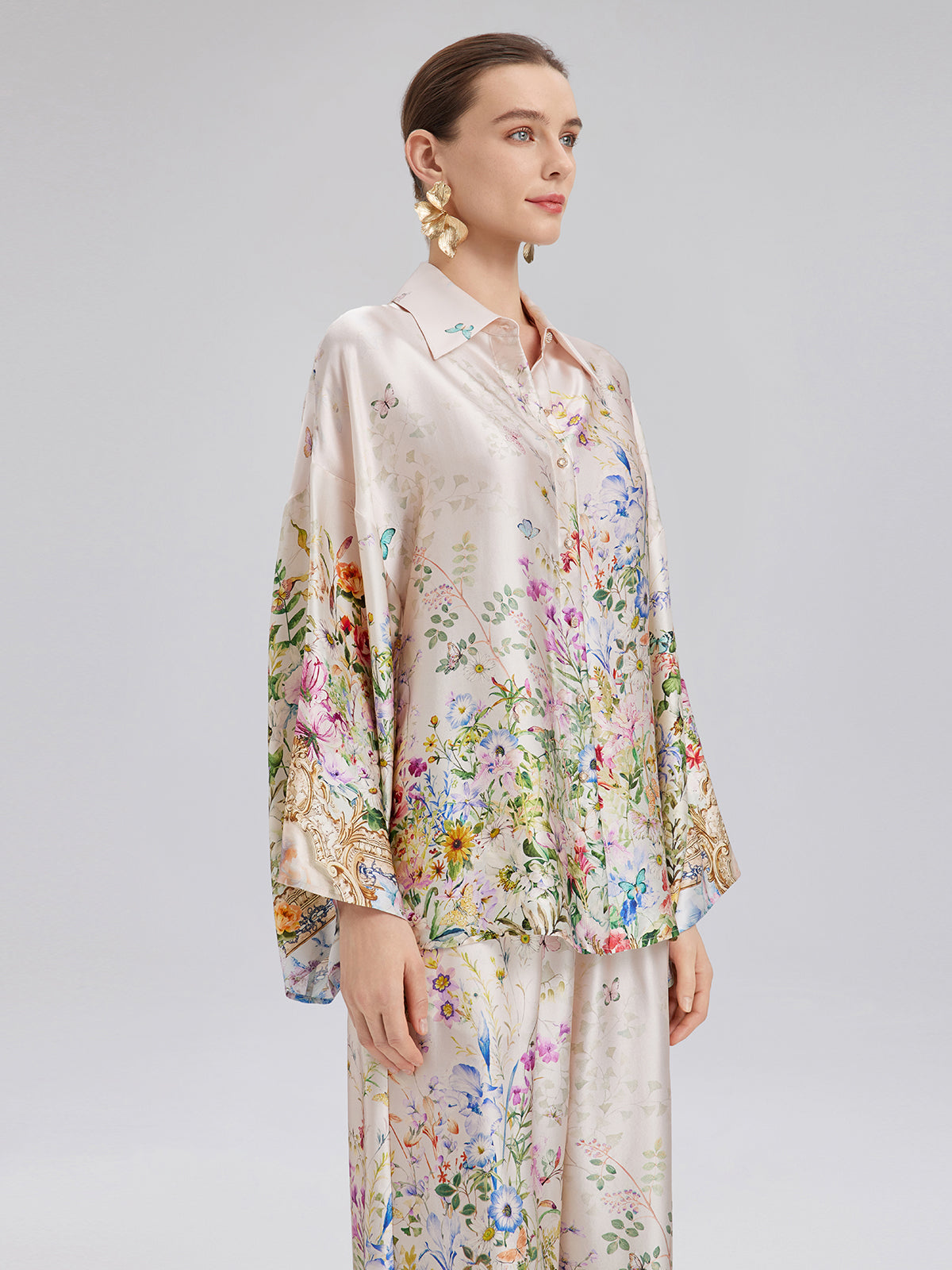 Silk Satin Floral Print Shirt (100% Silk)