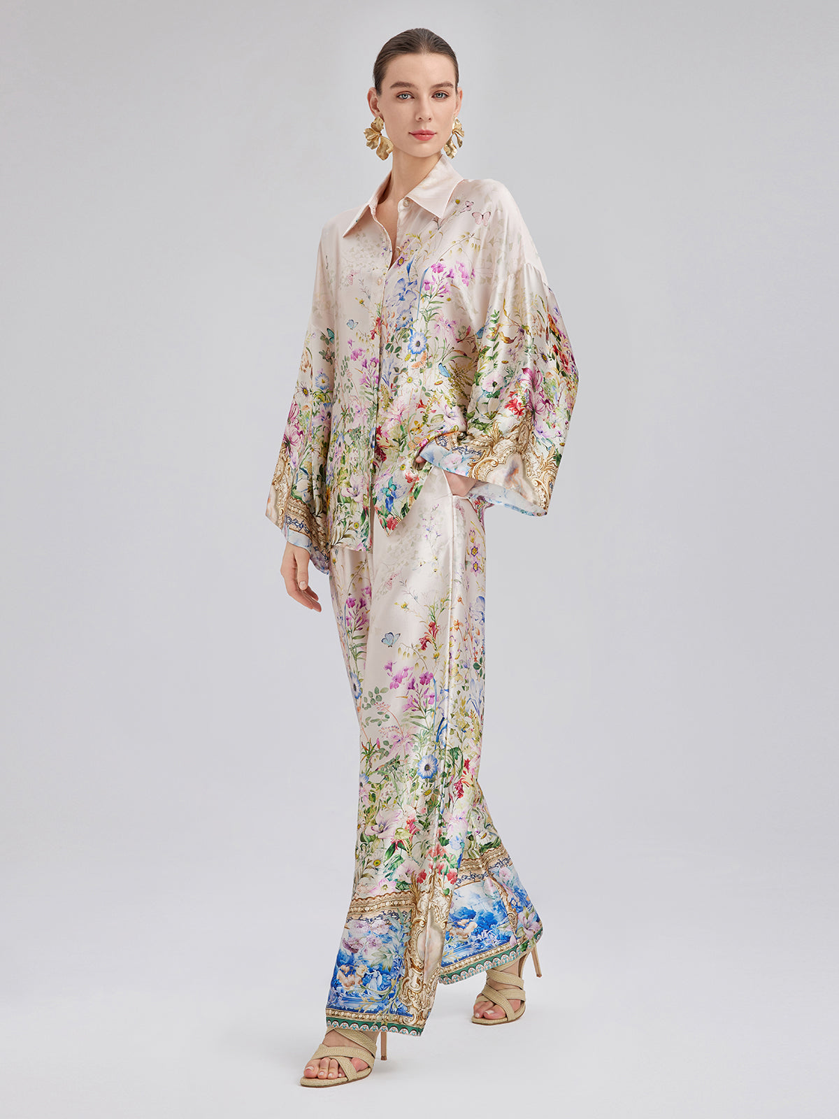 Silk Satin Floral Print Pants (100% Silk)