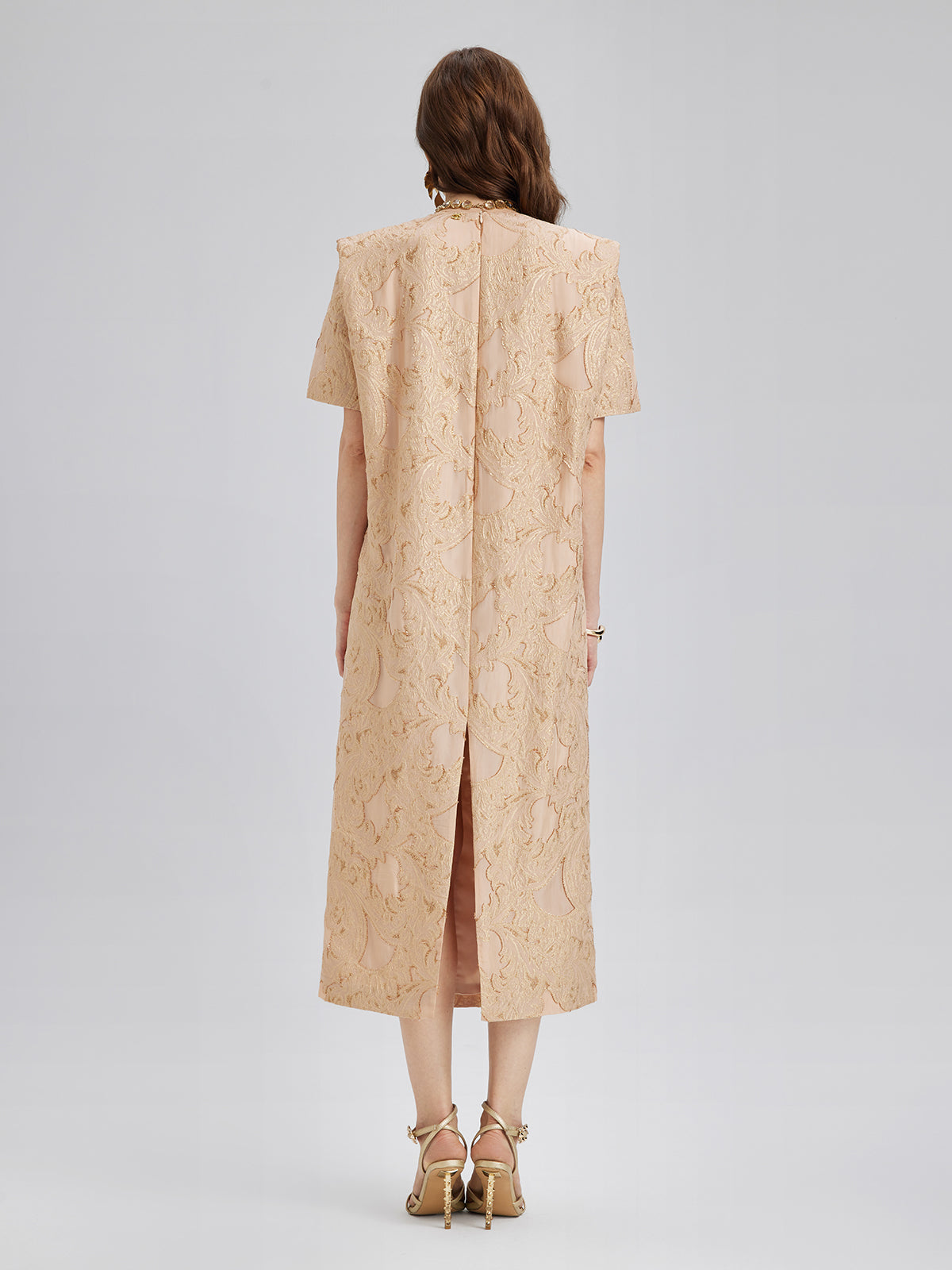 Metallic Jacquard Beaded Padded Shoulders Dress