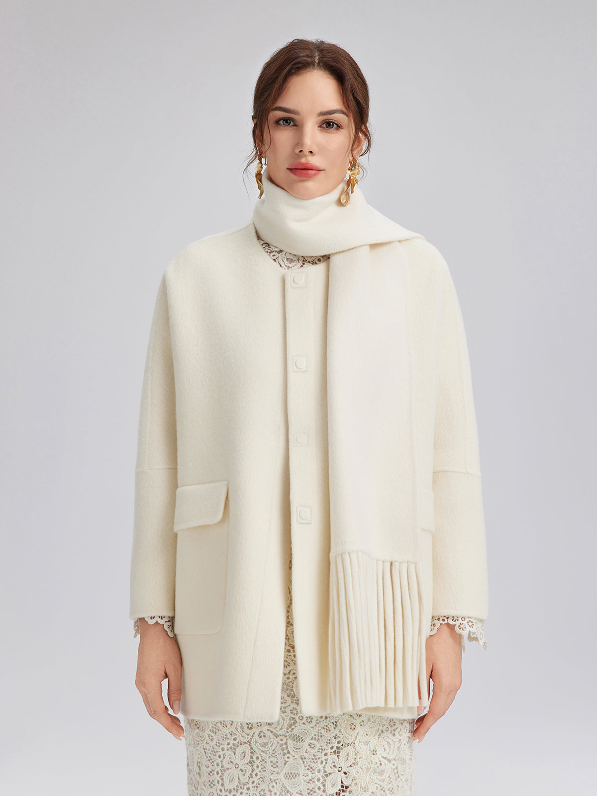 Double-Faced Wool Coat (Fringe Scarf Included)