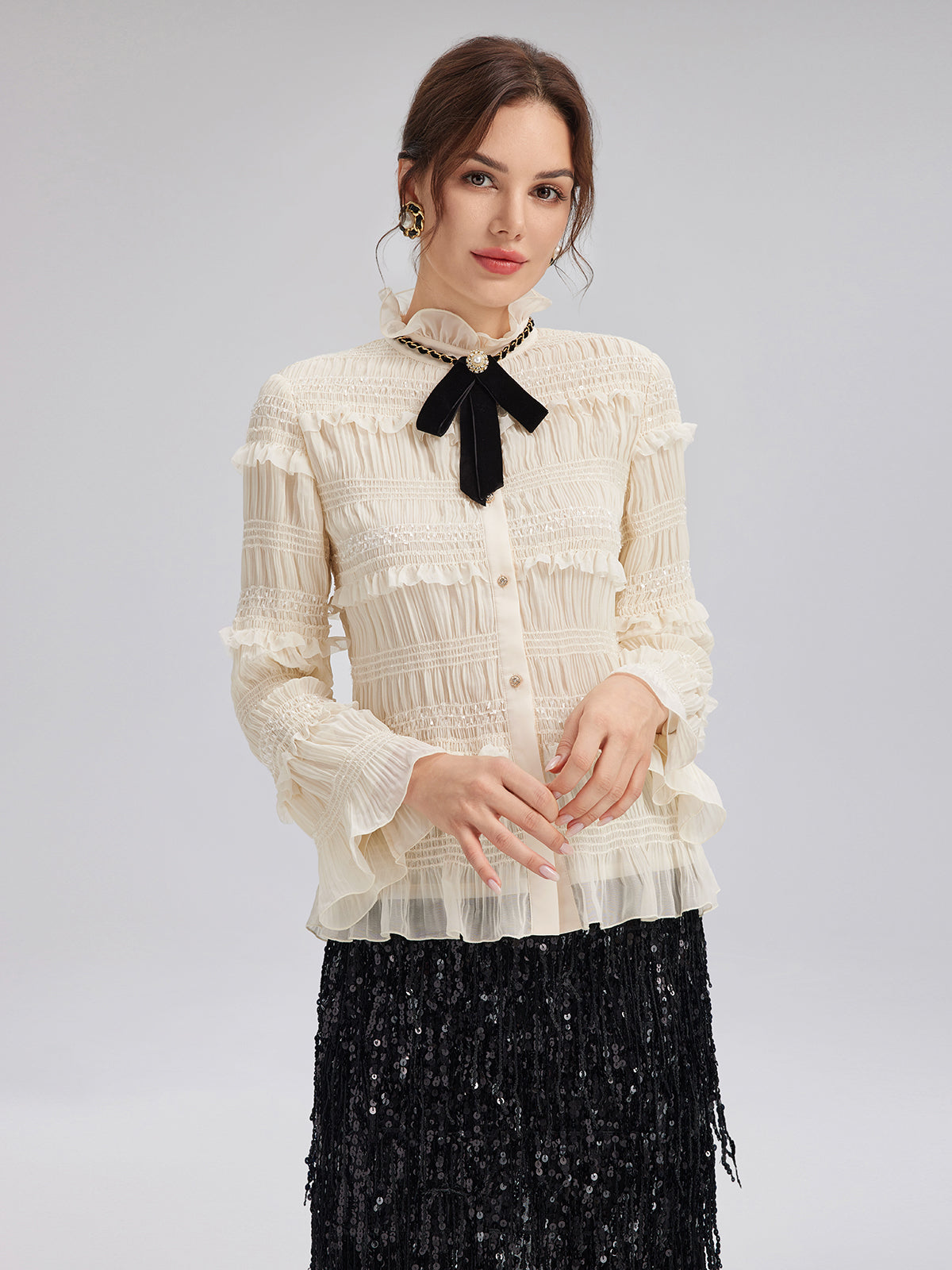 Textured Pleated Ruffle Blouse (Detachable Ribbon Tie Included)