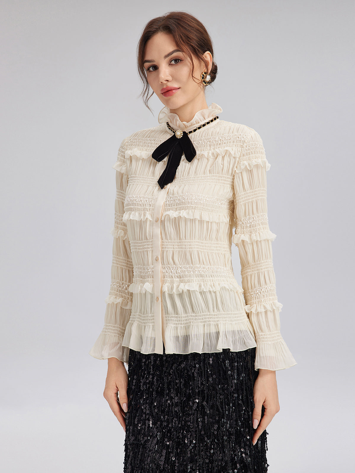 Textured Pleated Ruffle Blouse (Detachable Ribbon Tie Included)