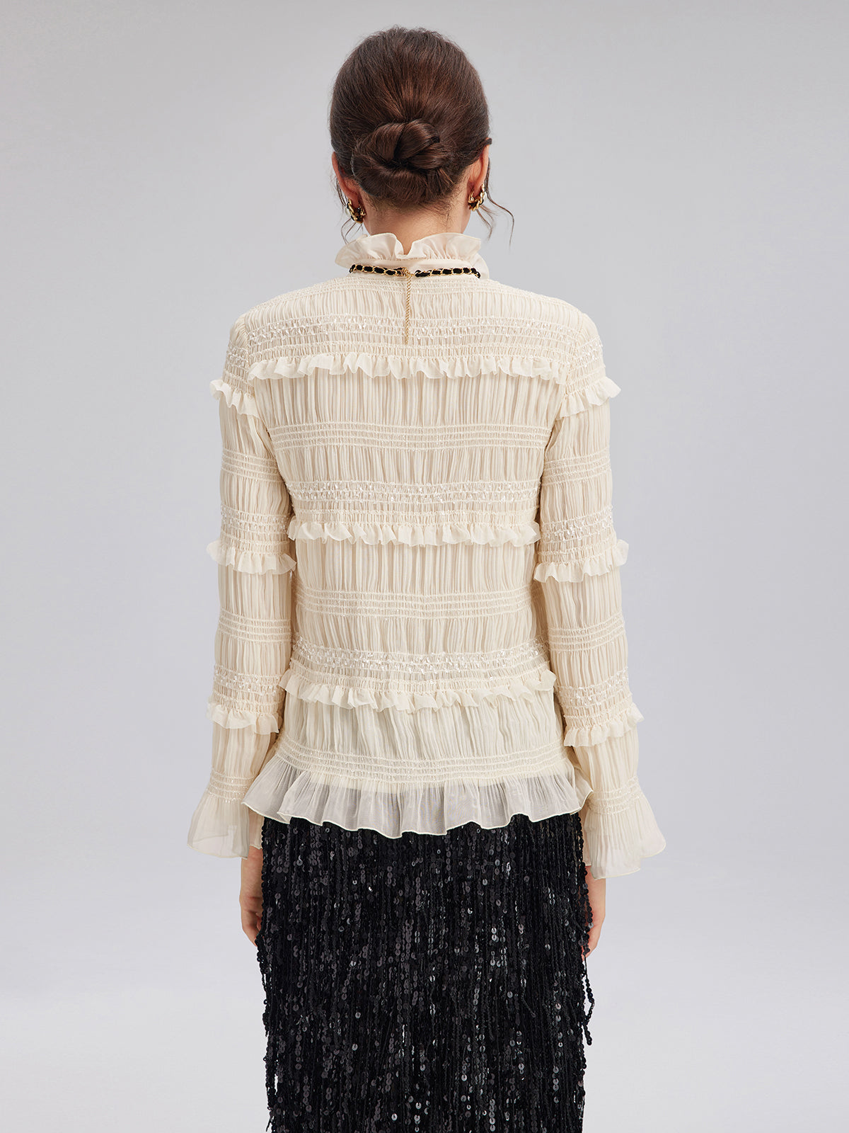 Textured Pleated Ruffle Blouse (Detachable Ribbon Tie Included)