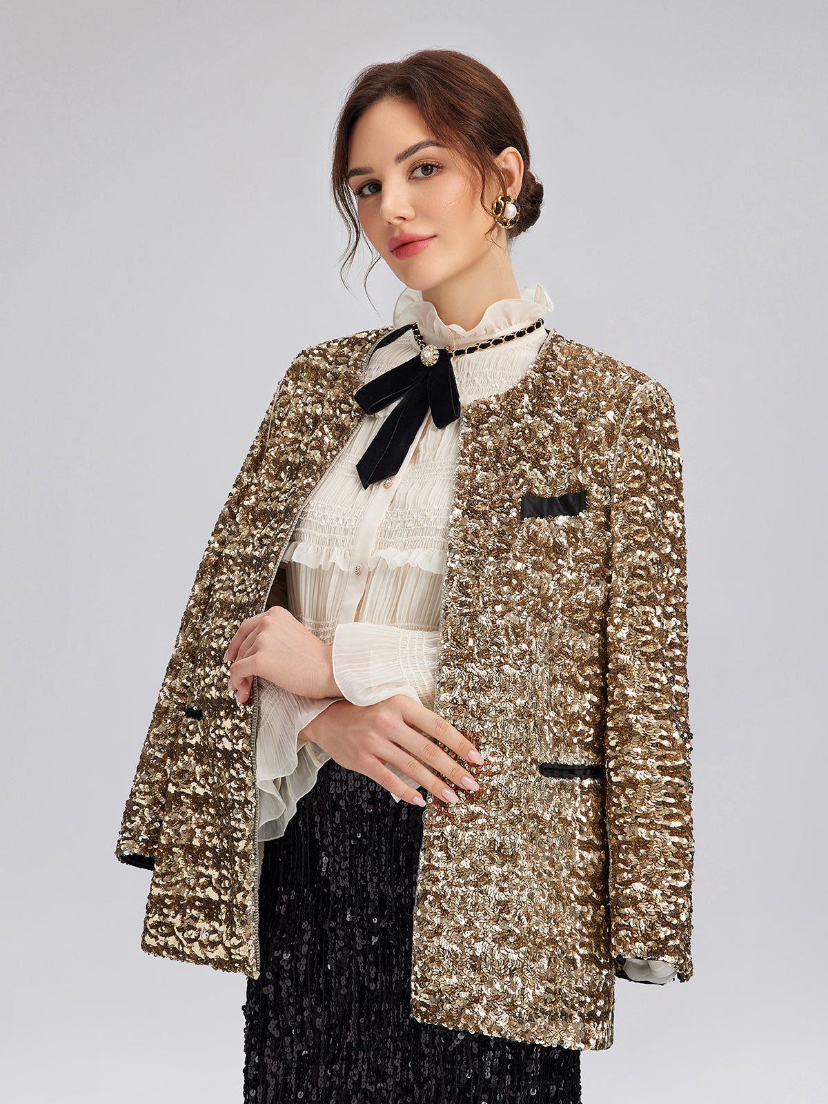Textured Pleated Ruffle Blouse (Detachable Ribbon Tie Included)