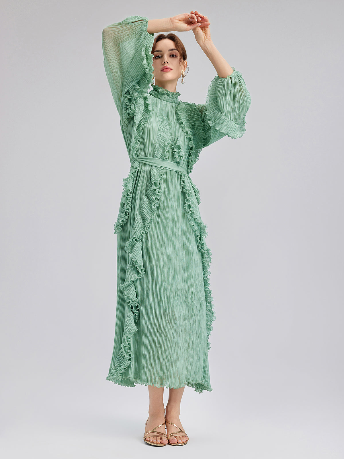 High-Neck Pleated Ruffle Dress