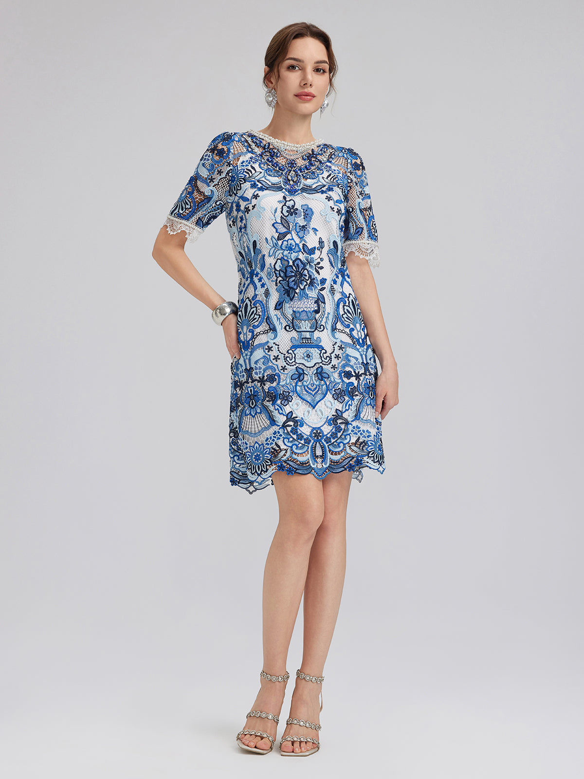 Guipure Lace Hand-Applied Crystals Mini Dress