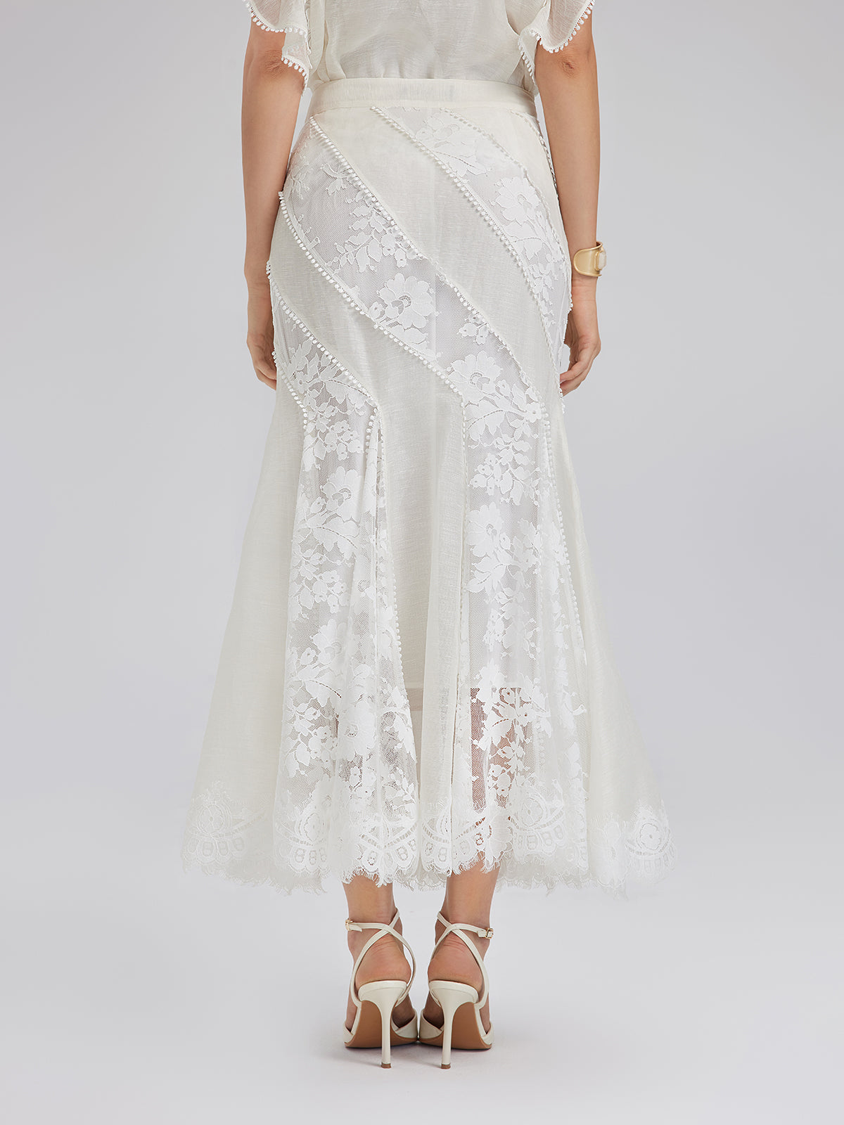 Lace-Panel Silk-Linen Mermaid Skirt