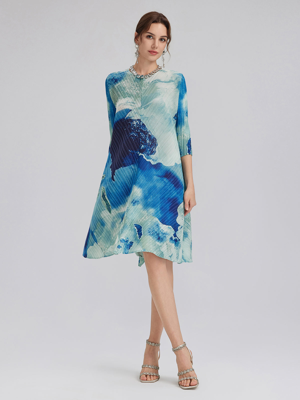 Abstract-Print Pleated Midi Dress