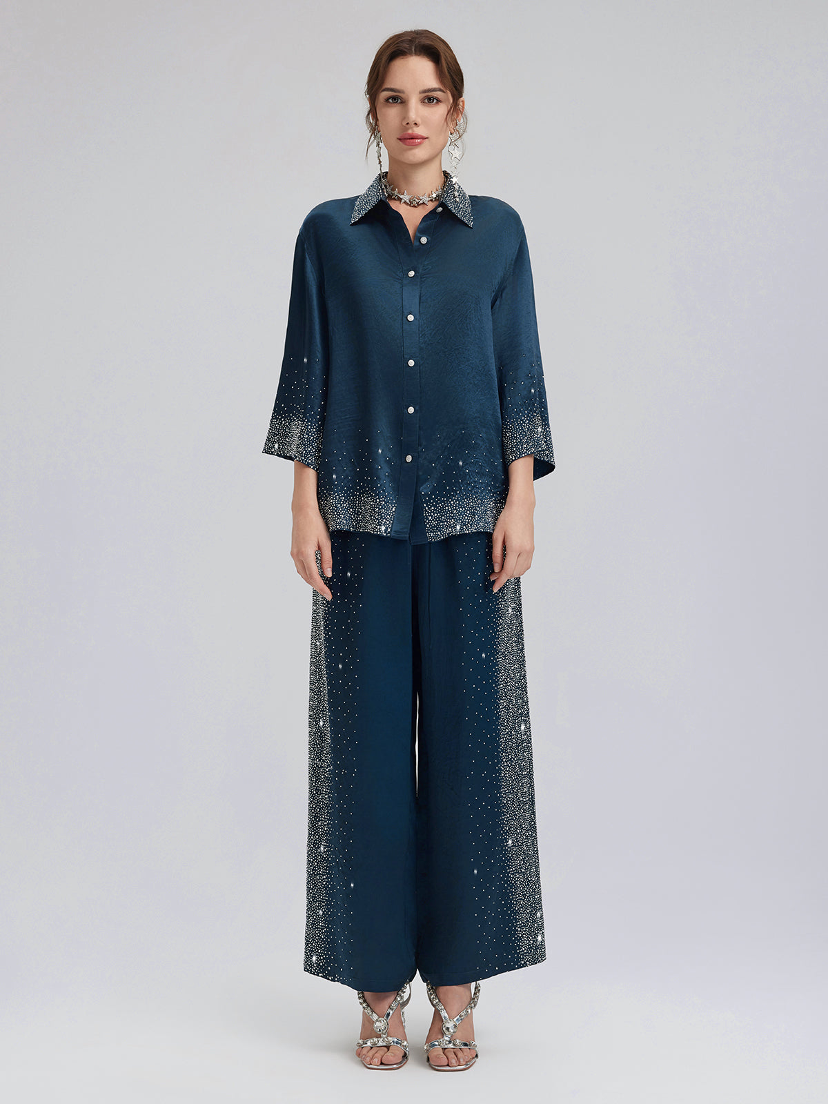 Crystal-Embellished Three-Quarter Sleeve Shirt