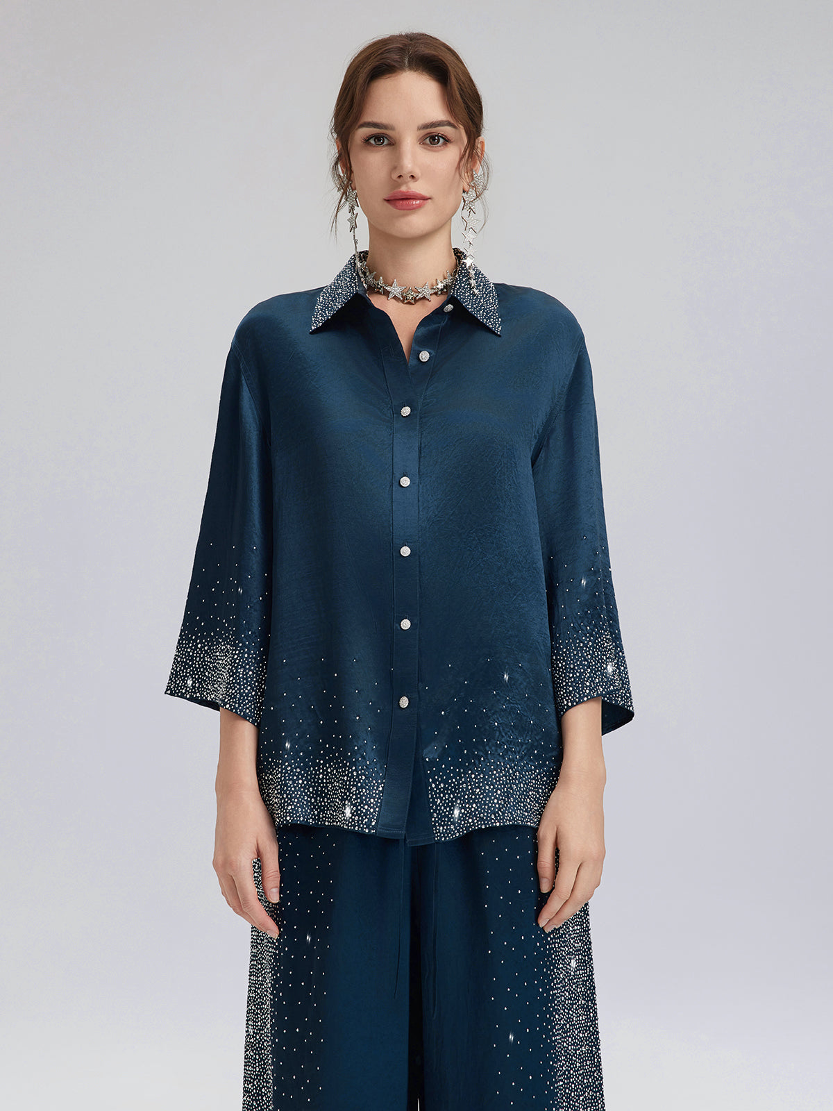 Crystal-Embellished Three-Quarter Sleeve Shirt