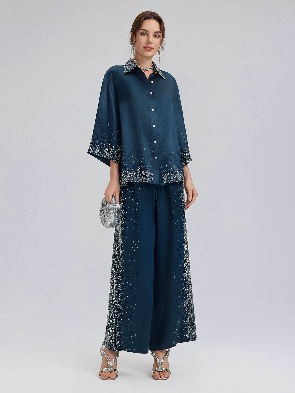 Crystal-Embellished Three-Quarter Sleeve Shirt