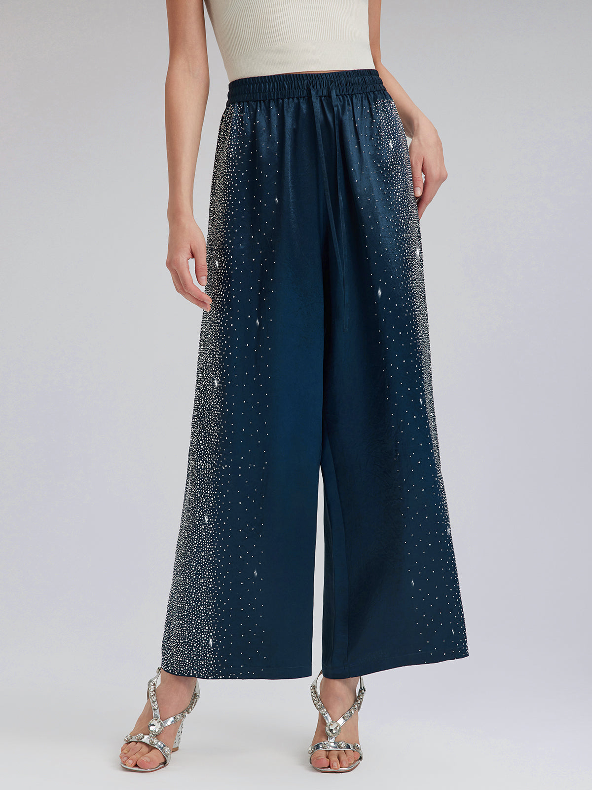 Crystal-Embellished Stretch Waistband Wide-Leg Pants