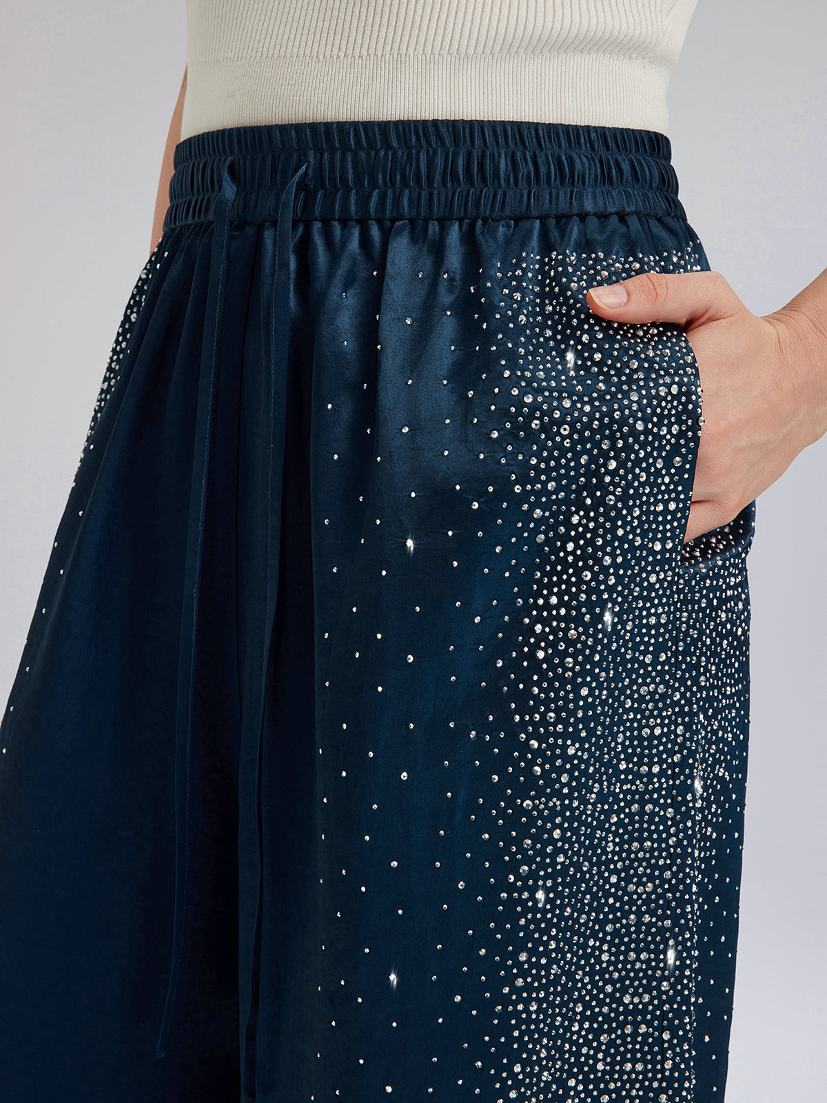 Crystal-Embellished Stretch Waistband Wide-Leg Pants