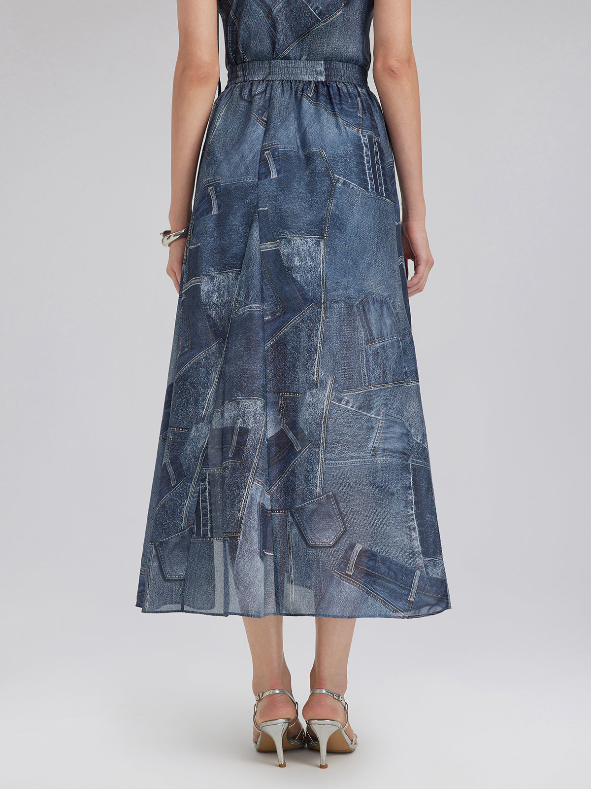 Silk Chiffon Denim-Print Skirt