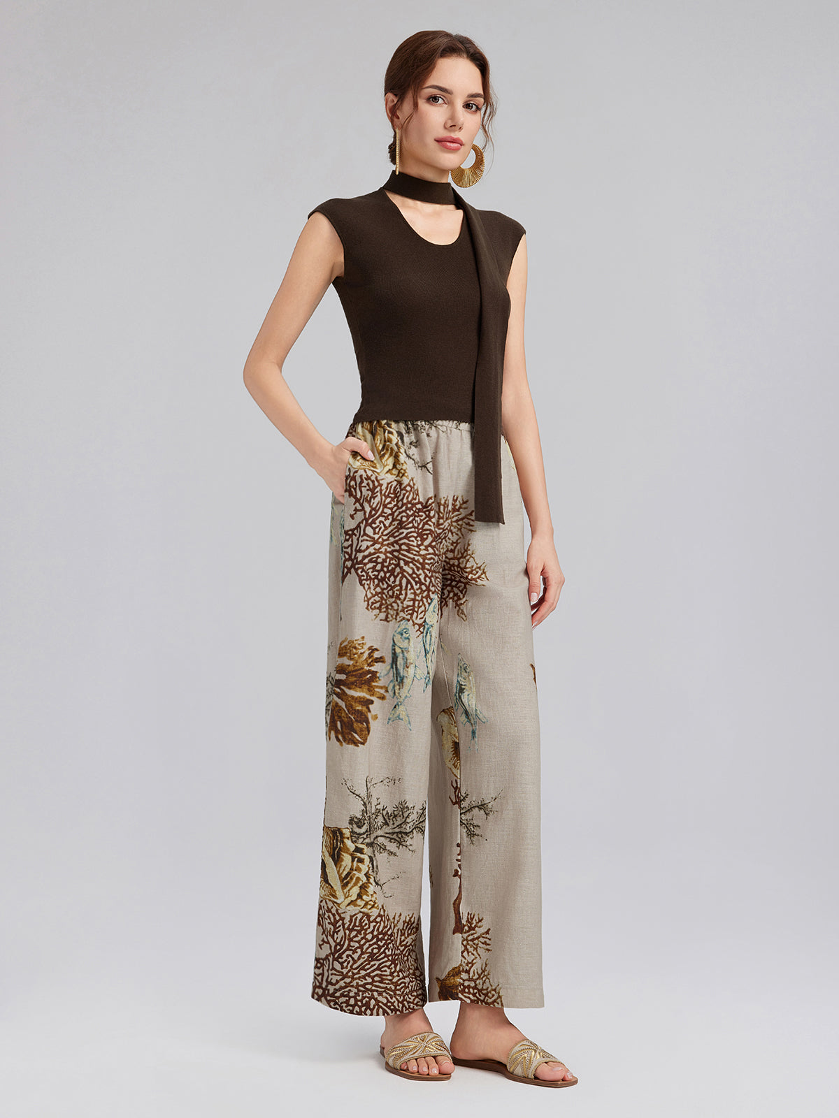 Printed Ramie Elastic-Waist Pants