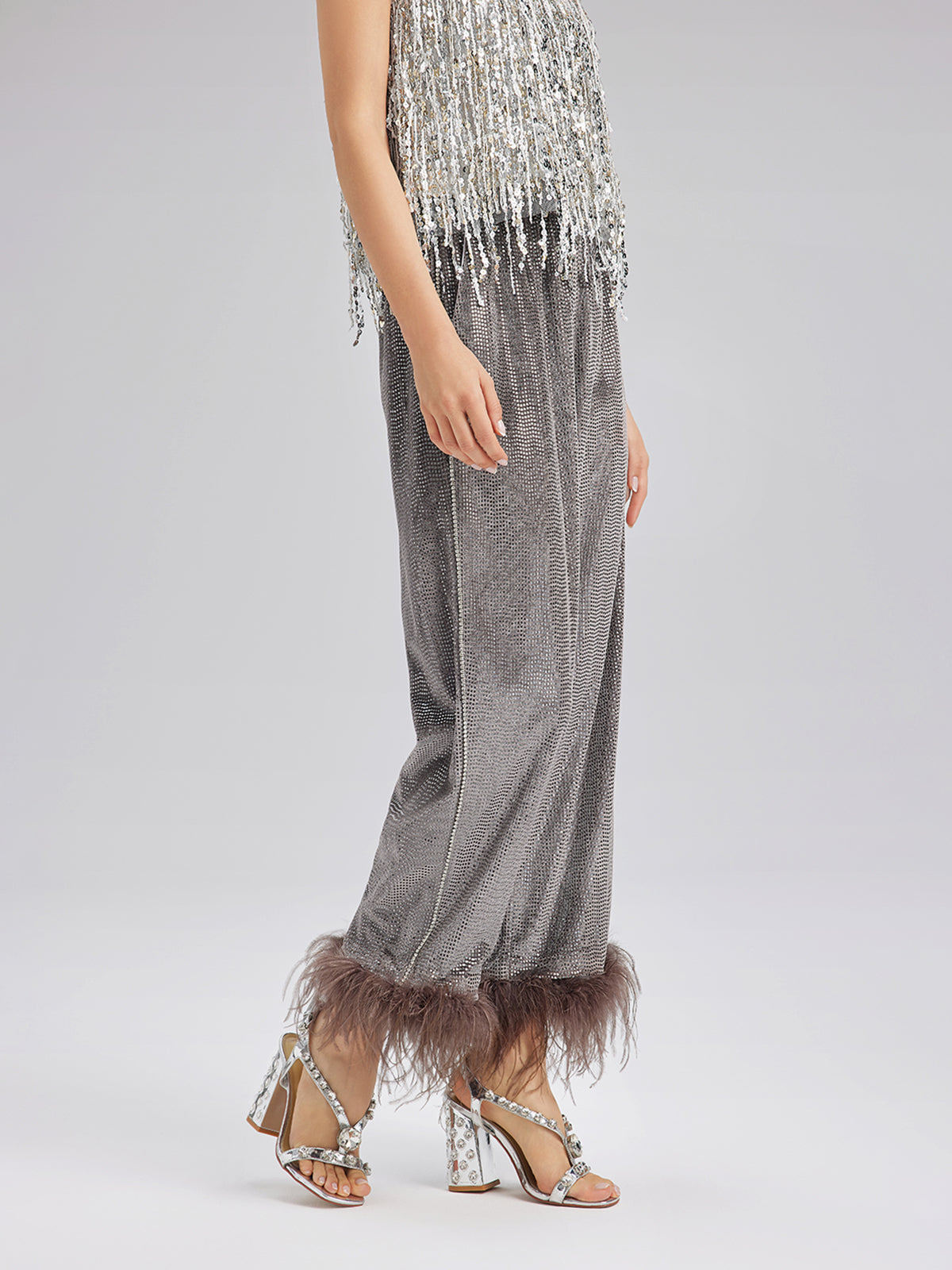 Hand-Sewn Feather Detachable Elastic Waist Pants