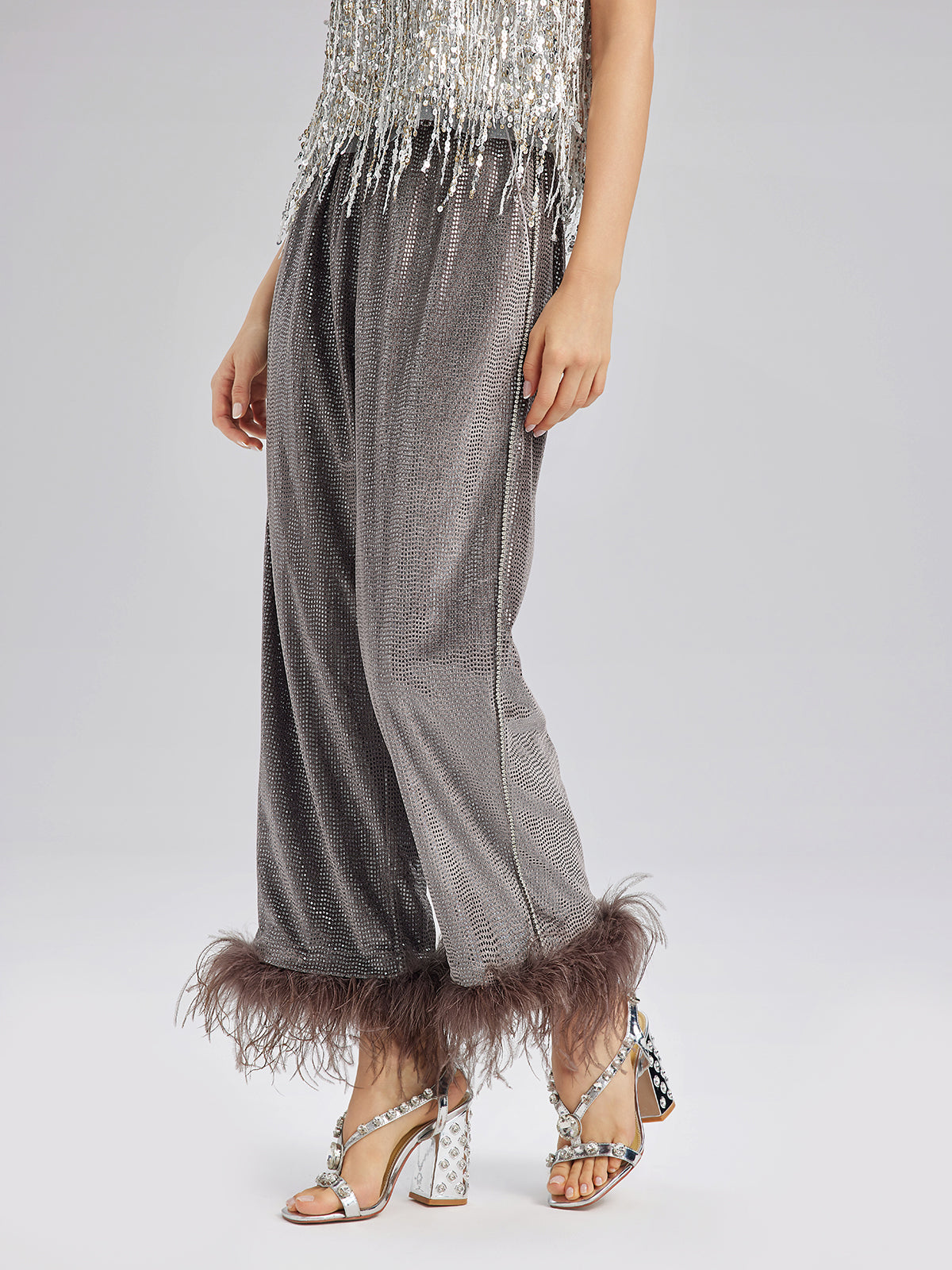 Hand-Sewn Feather Detachable Elastic Waist Pants