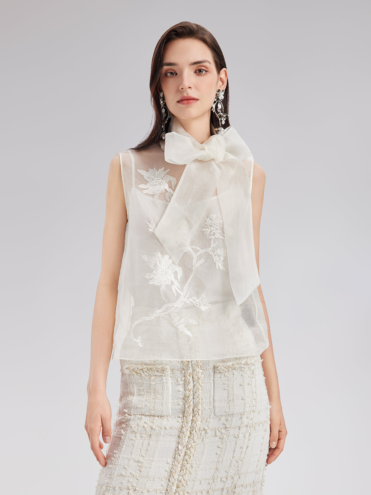 Silk Embroidered Tie-Neck Blouse