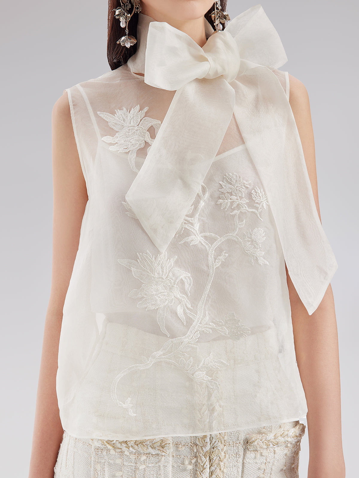 Silk Embroidered Tie-Neck Blouse