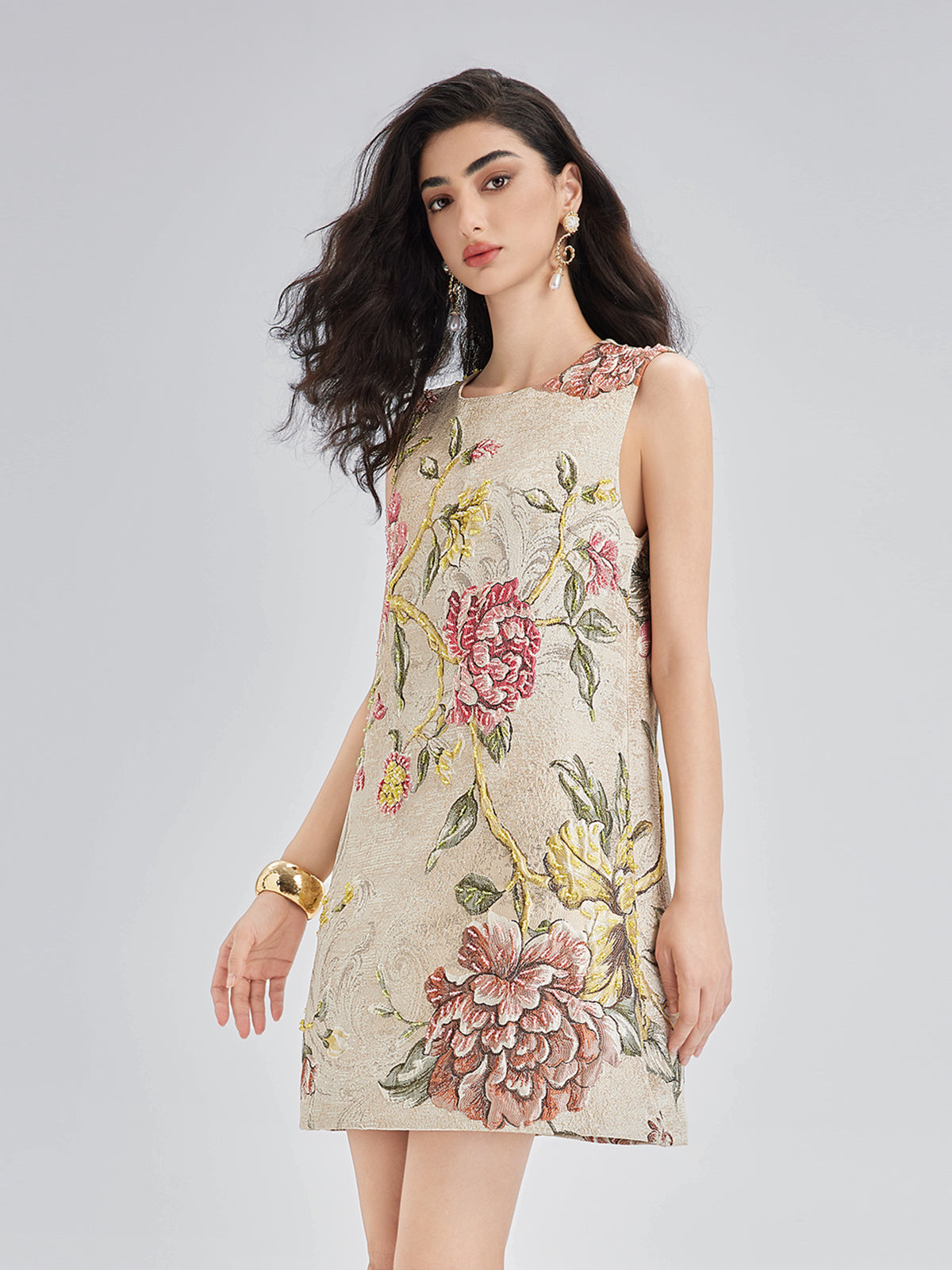 Hand-Beaded 3D Floral Jacquard Tank Dress