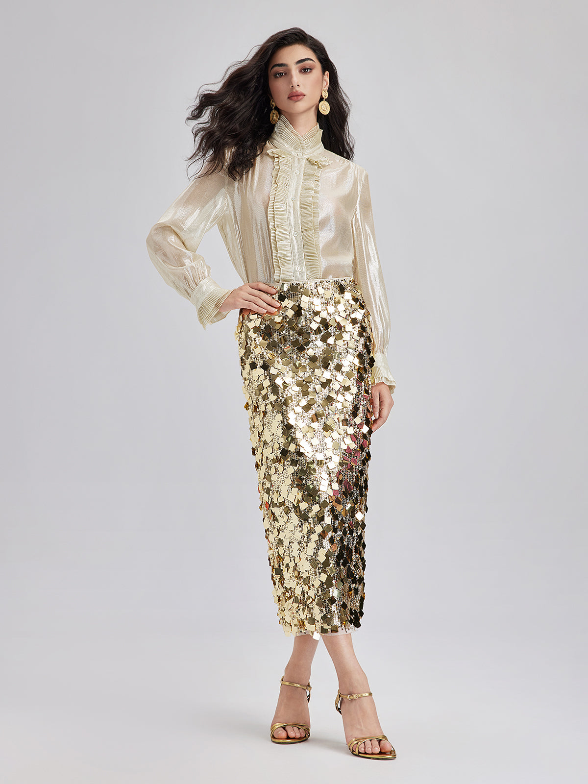 Silk Metallic-Sheen Pleated Shirt
