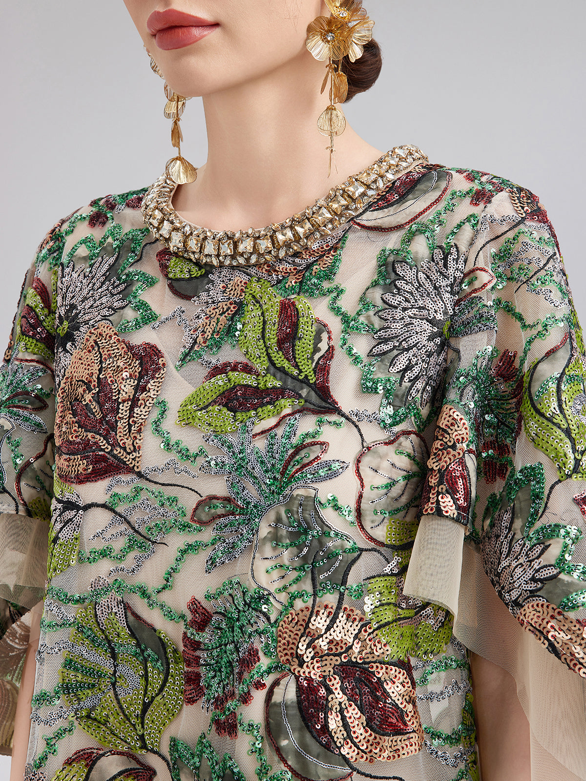 Three-Quarter Sleeves Sequin Maxi Dress