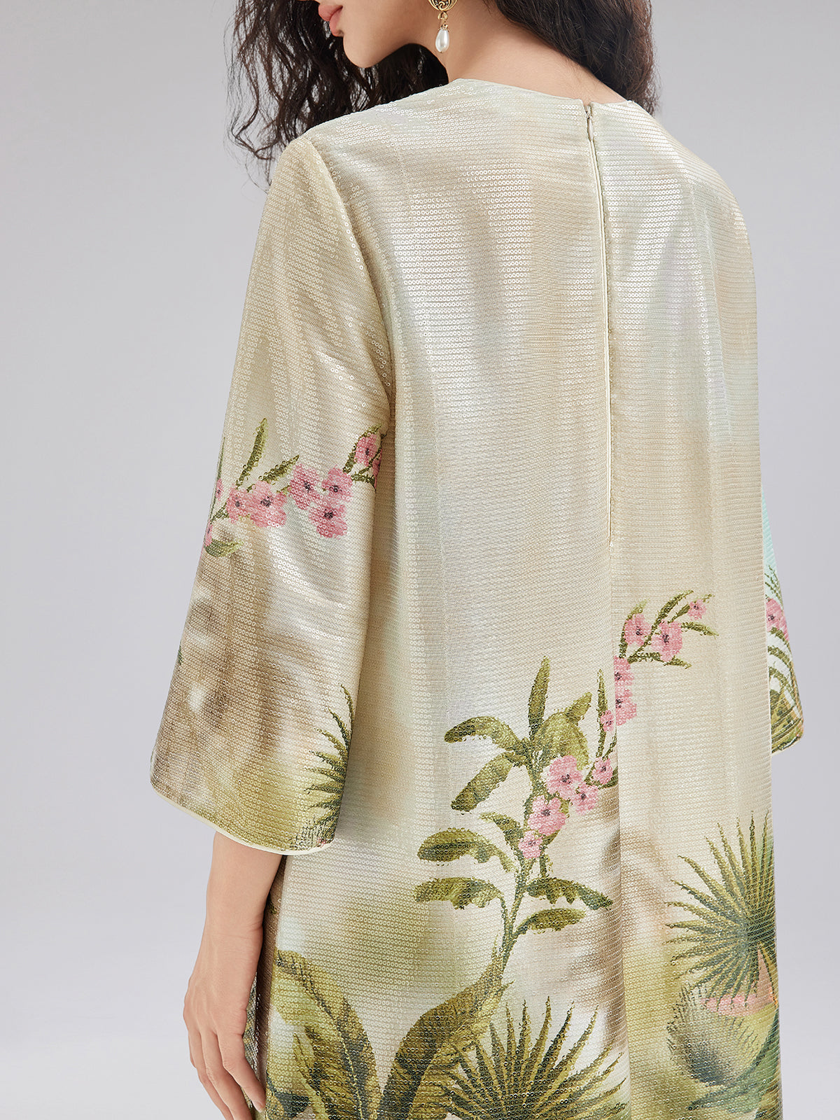 Tropical Plant Knit Long-Sleeve Dress
