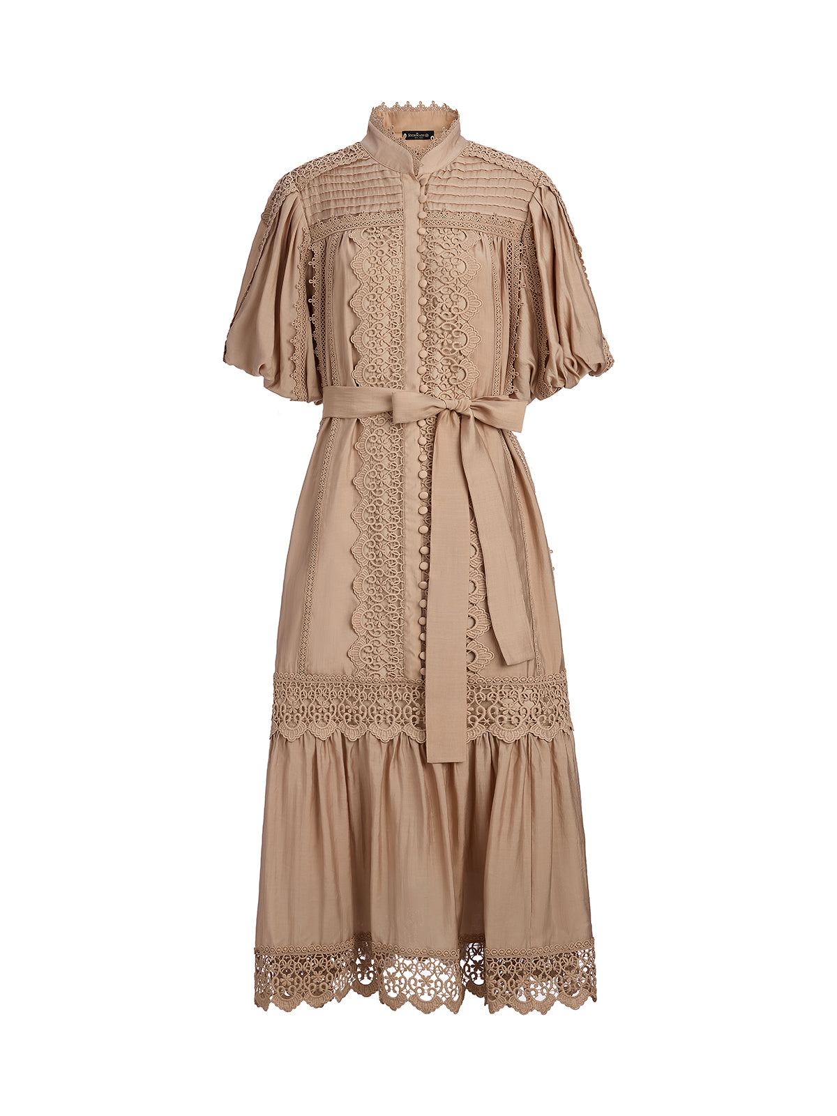 Embroidered Lace Panel Mock Neck Maxi Dress (Waist Tie Included)