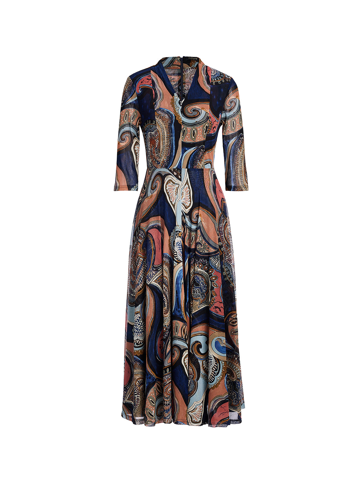 Stretch Mesh Retro Paisley Print High-waist A-line Dress