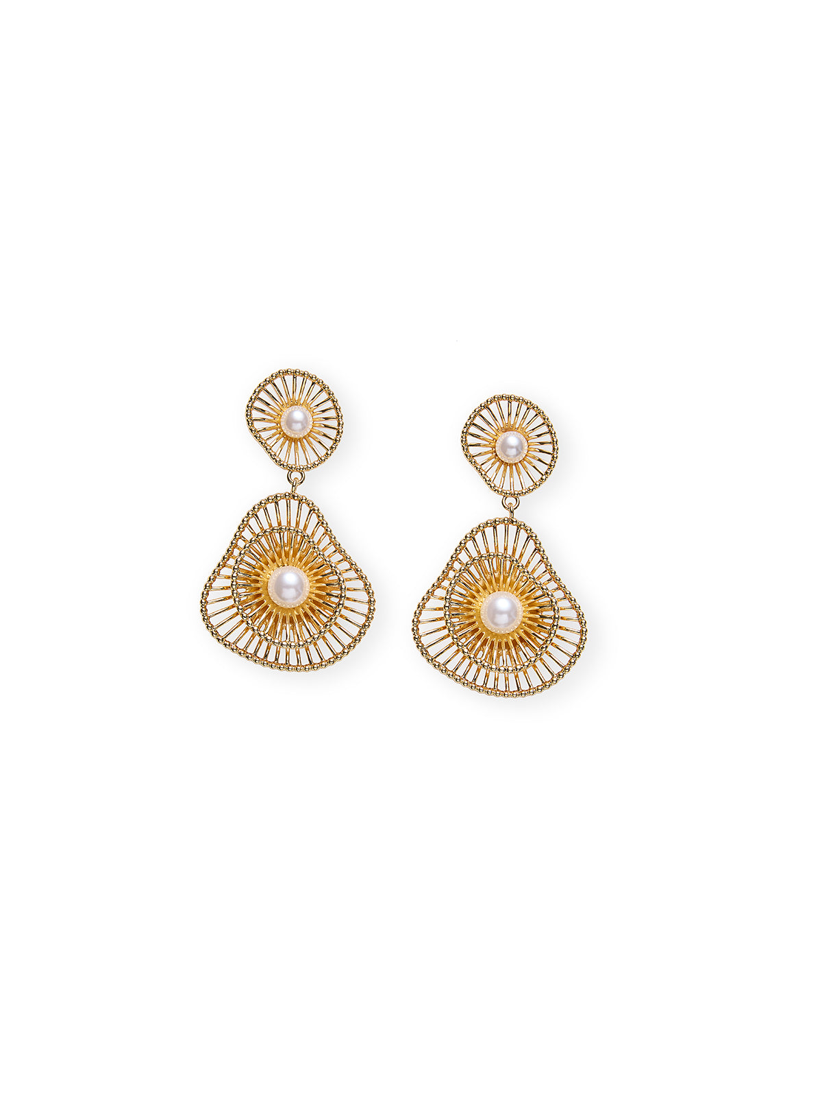 Fan-shaped Openwork Pearl Long Dangle Earrings