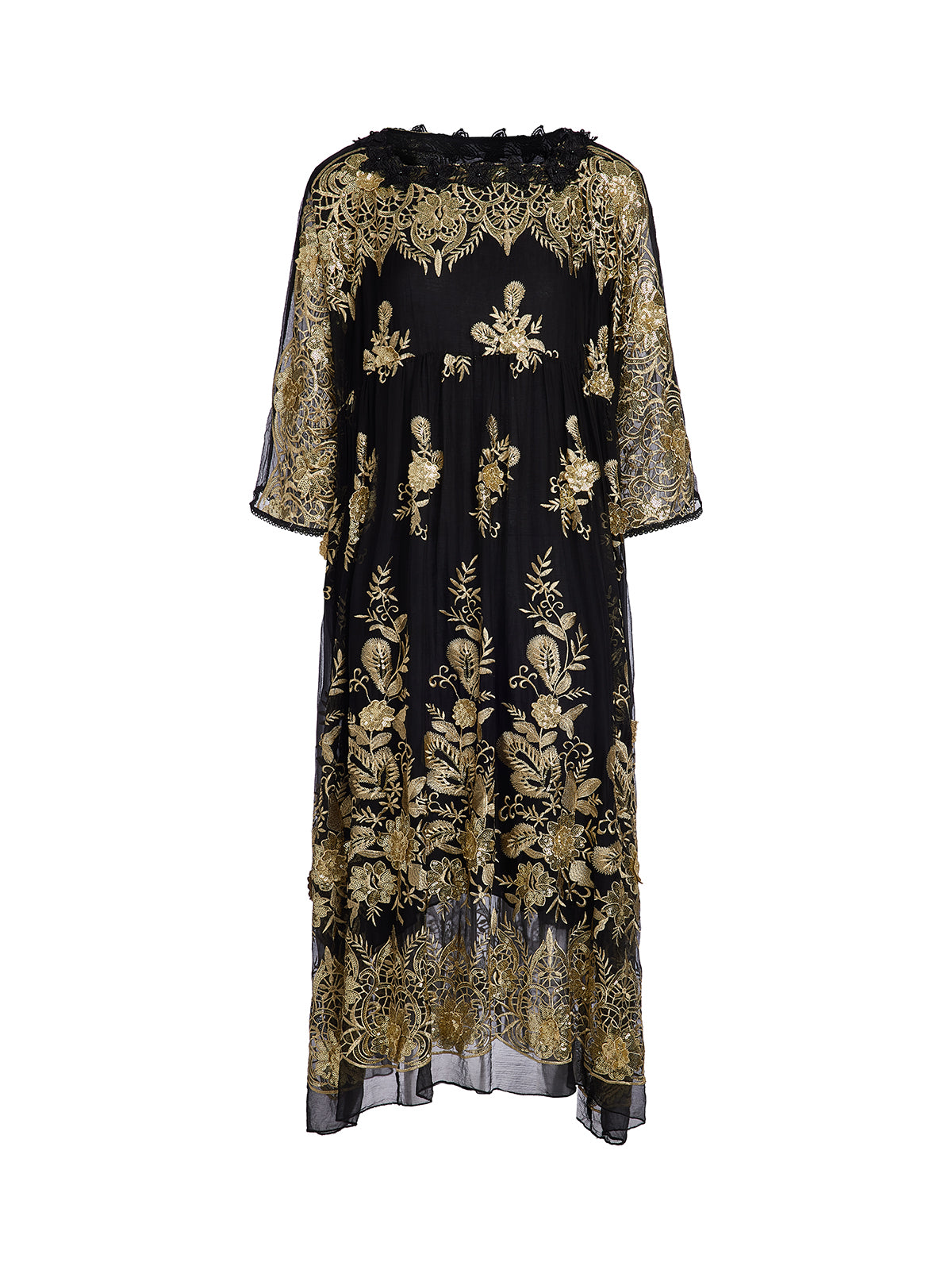 Silk Gold Sequin Floral Embroidery Dress