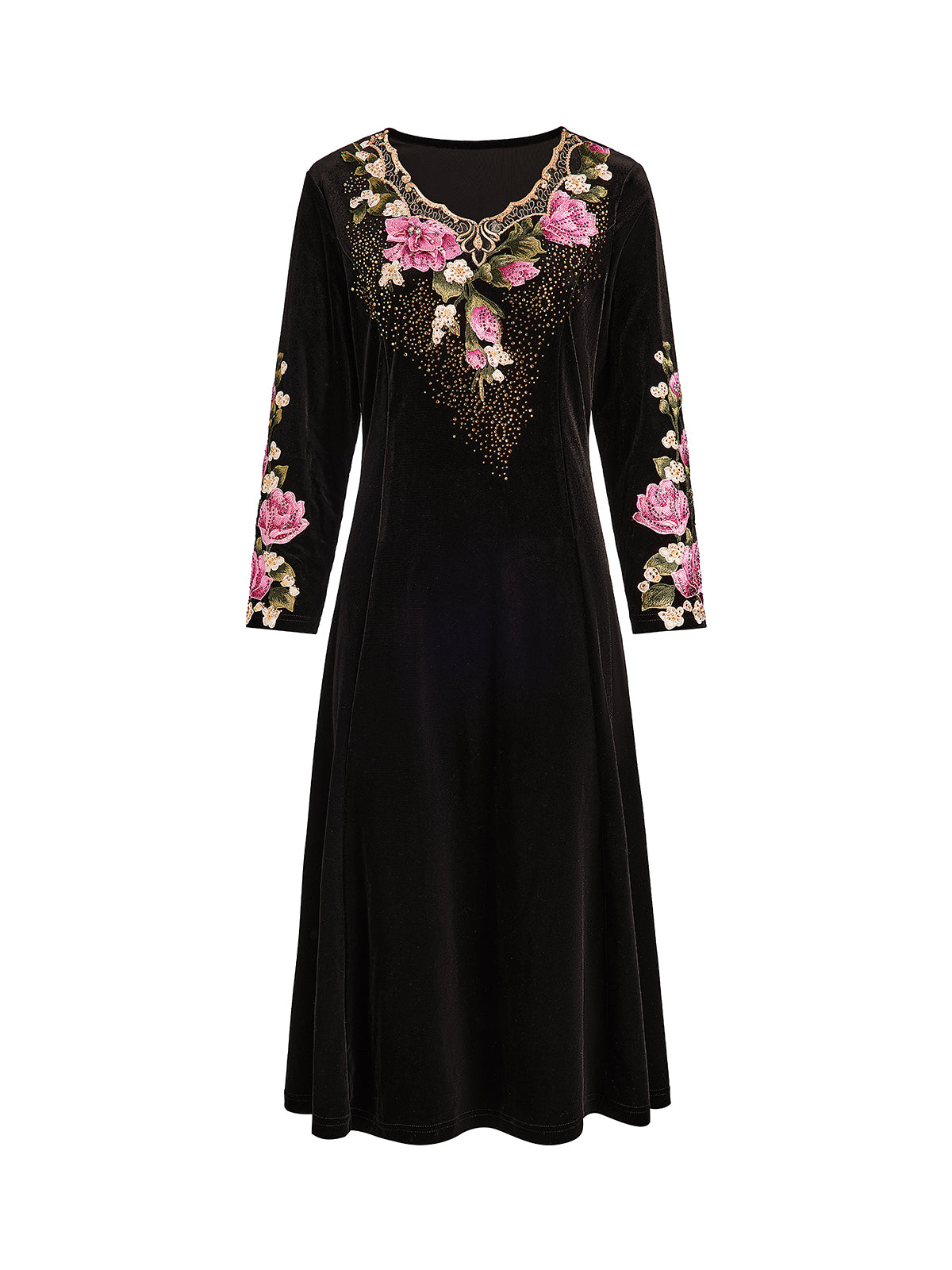Velvet Rose Embroidered Rhinestone Dress