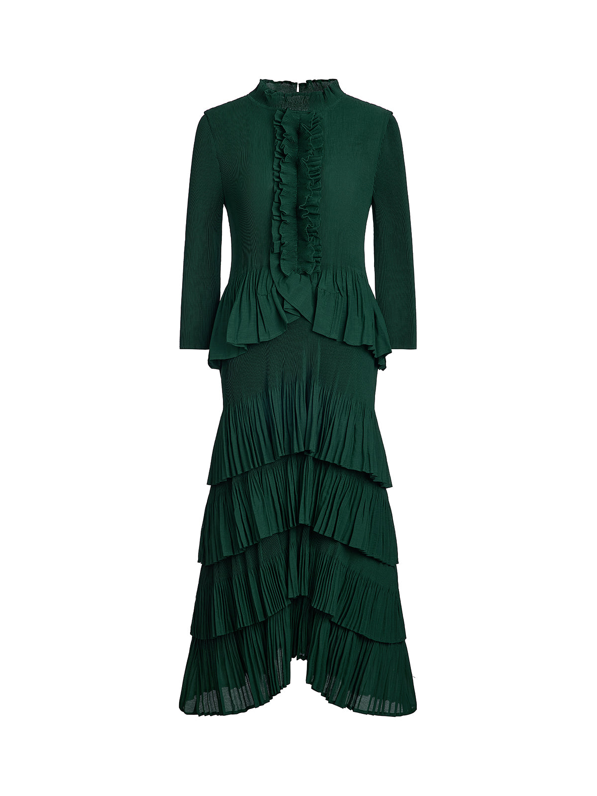 Heat Set Pleated Ruffle Neck Tiered Dress