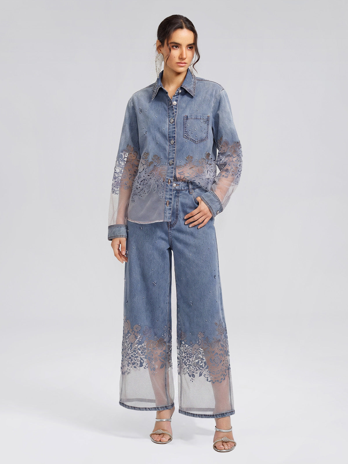 Denim Burnout Mesh Panel Rhinestone Loose Shirt
