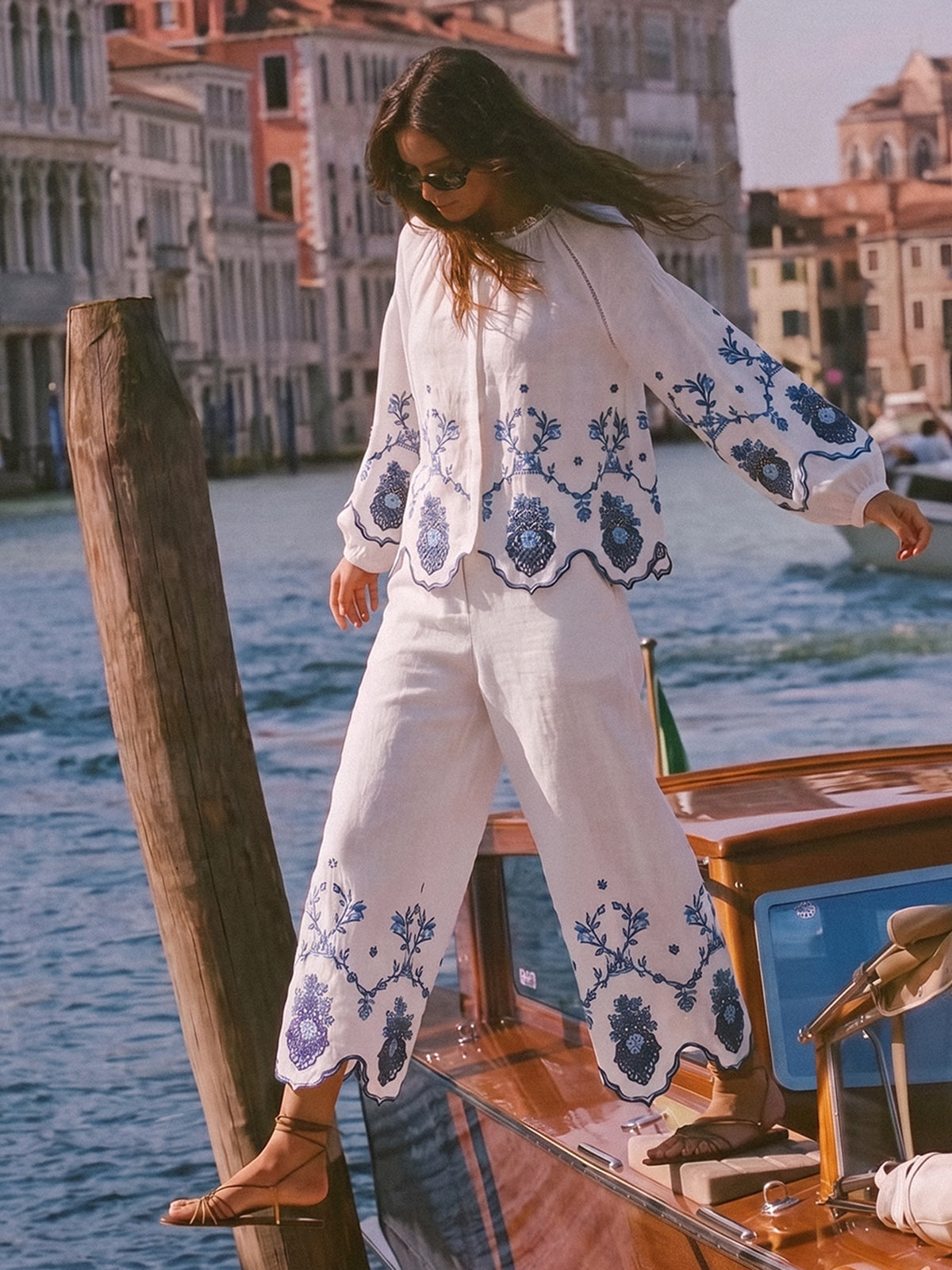Linen Embroidered Cutwork Pearl Button Wide-Leg Pants