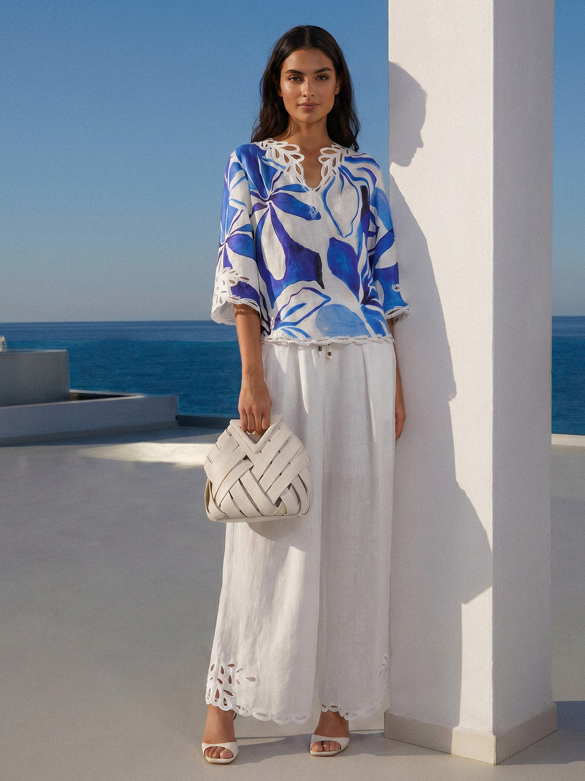 100% Linen Hand-Drawn Resort Print Embroidered Top