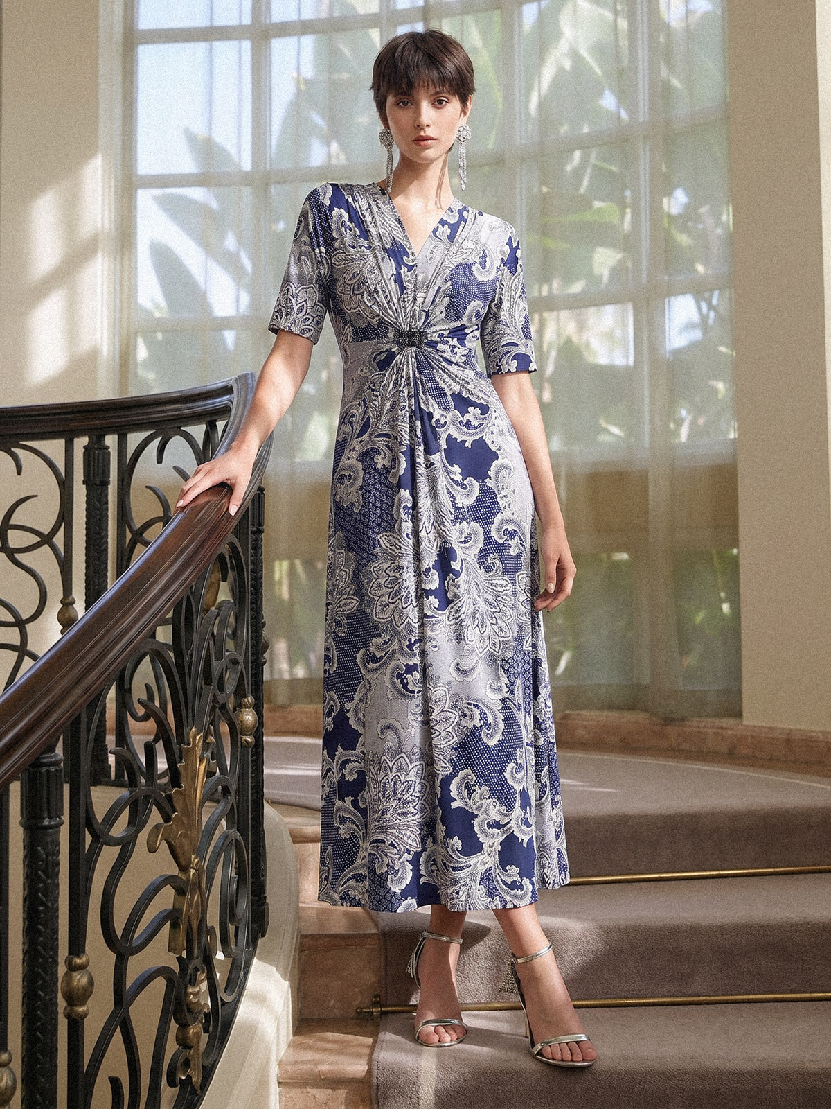 Paisley Print Twist Waist V-Neck Dress