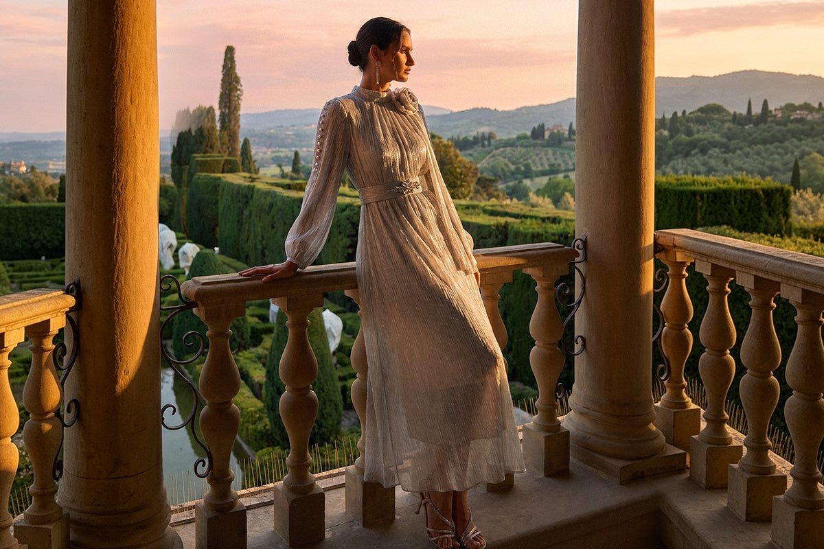 richradiqs champagne long sleeve maxi dress for a formal sunset dinner
