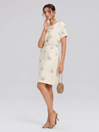 Floral Embroidery Hand-Beaded Dress (Belt Not Included)