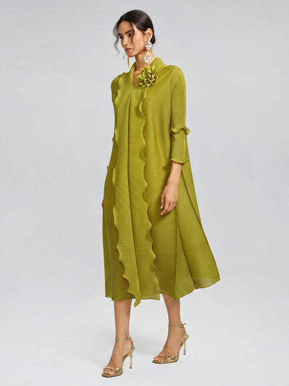 Ruffle Pleated Floral Brooch 3/4-Sleeve Gown