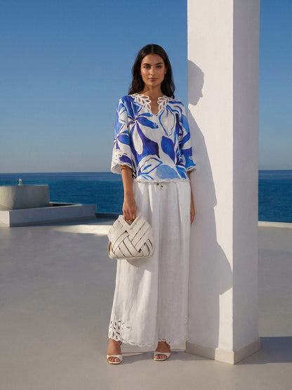 100% Linen Hand-Drawn Resort Print Embroidered Top
