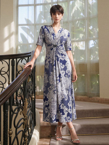 Paisley Print Twist Waist V-Neck Dress