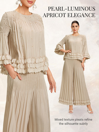 Hand-Stitched Floral Beaded Pleated Set