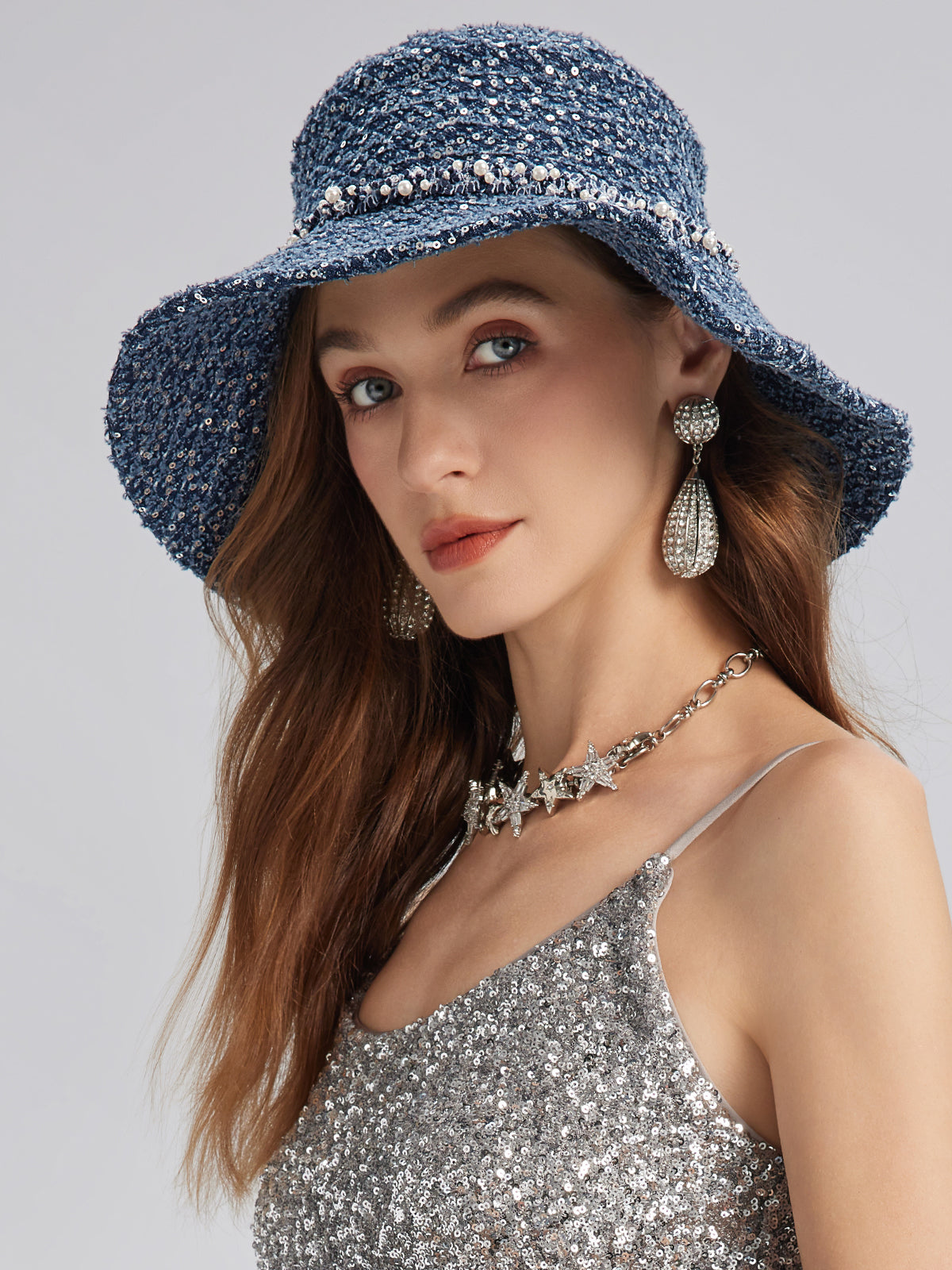 Hand-Beaded Sequin Tweed Beaded Hat