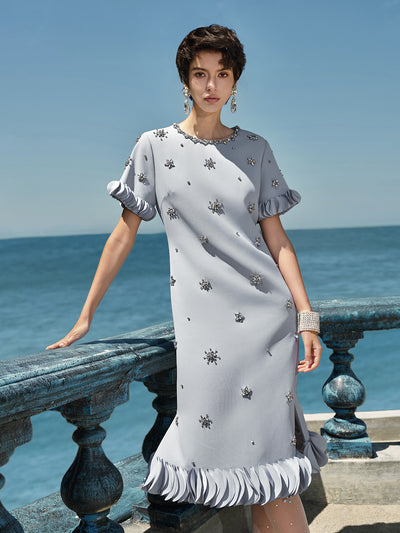 Hand-Sewn Beaded Floral-Trim Dress