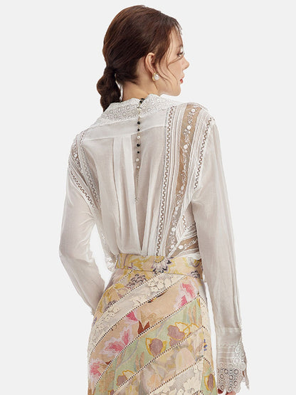 Hand-Embroidered Lace Long Sleeve Blouse