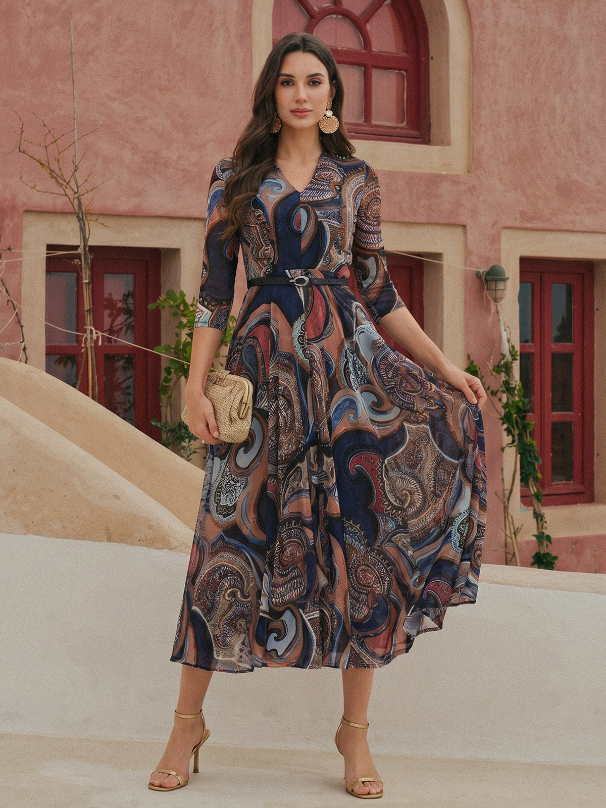 Stretch Mesh Retro Paisley Print High-waist A-line Dress