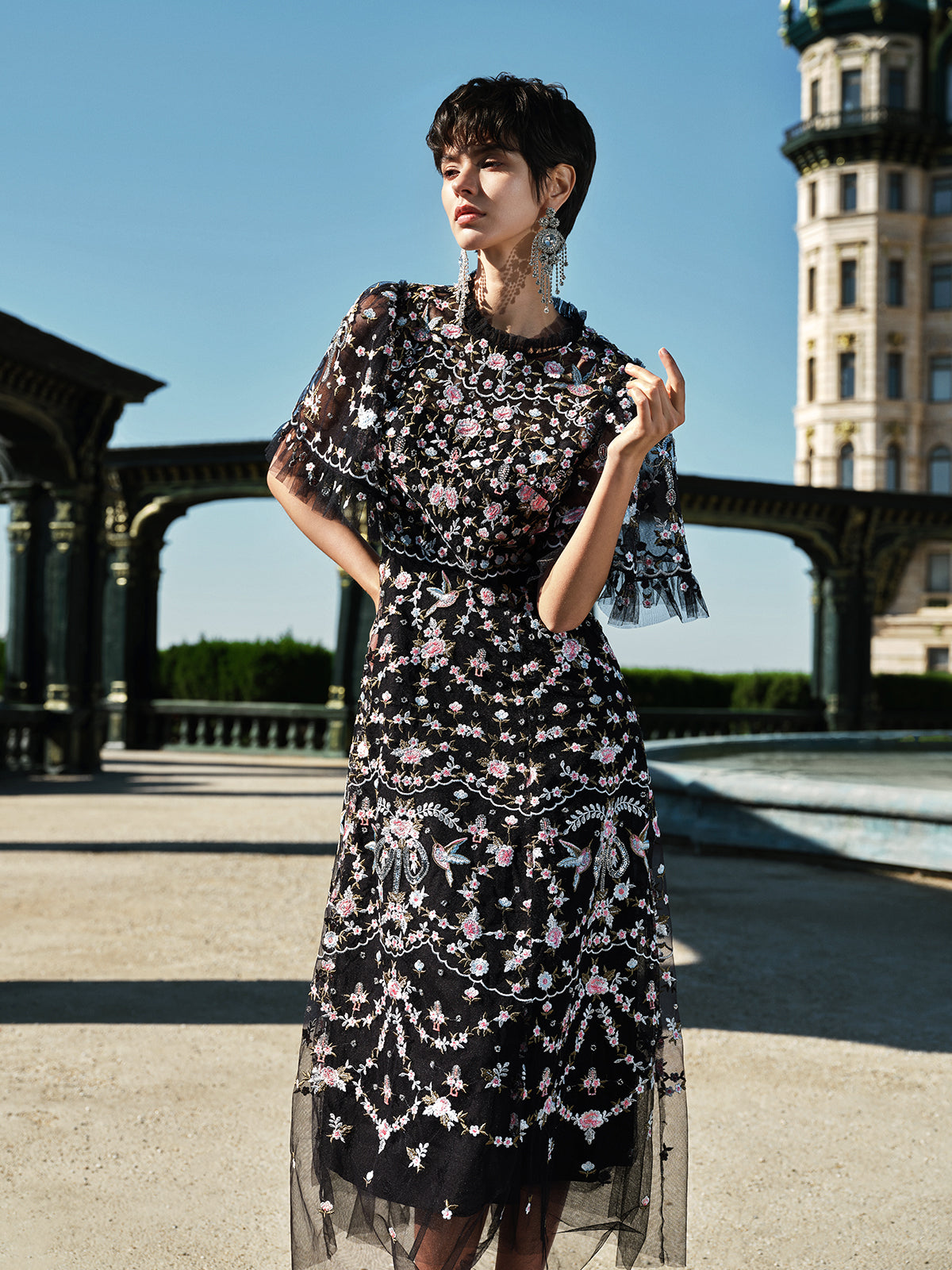 Embroidered Floral Ruffled Tulle Dress